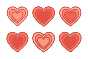 Seamless repeating pattern of six stylized red hearts with concentric layers