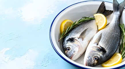 Fresh raw dorado fish cooking with lemon and rosemary. Sea bream, dorado. Seafood, healthy food. Top view	
