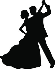 Elegant ballroom dancing couple silhouette, romantic dance pose, graceful movement, formal attire, waltz tango style, black vector art, flat vector illustration