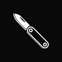 Folding pocket knife, camping gear, survival tool, outdoor equipment, tactical blade, compact design, black silhouette, vector icon, flat illustration