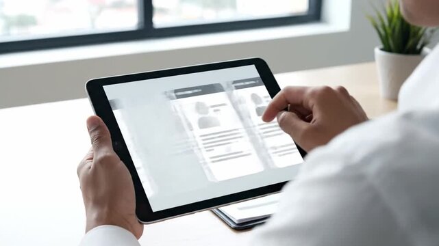 HR manager using a tablet for digital recruitment and hiring a candidate