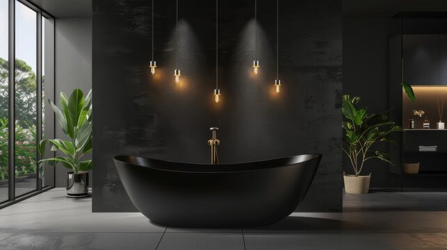 A modern bathroom featuring a sleek black freestanding bathtub, pendant lights, and indoor plants. The space has large windows allowing natural light.
