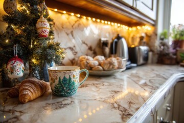 Fototapeta premium Festive baking kitchen corner with small Christmas tree decorated with food-themed ornaments, marble counter, and warm lighting, perfect editorial holiday interior image