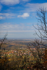 Scenic vertical landscape with blue sky and autumn valley in Serbia, viewed through bare trees. Peaceful nature concept