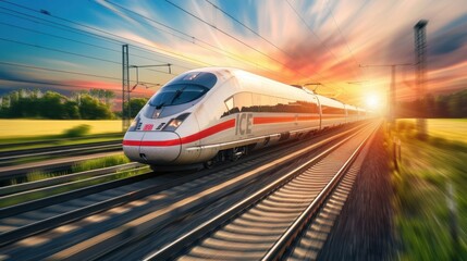 Naklejka premium A high-speed train travels along railway tracks during sunset. The scene features vibrant colors and a blurred background, emphasizing speed and motion.