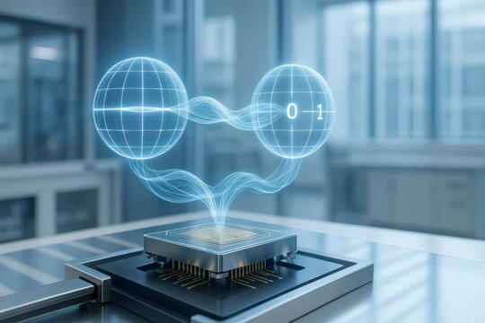 A quantum computer chip with holographic representations of quantum bits, displaying 0 and 1 states. The background features a modern laboratory setting.