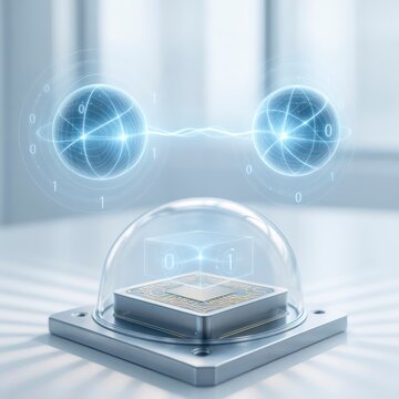 A quantum computing chip is displayed under a glass dome. Two glowing spheres represent quantum entanglement, with binary code floating between them.