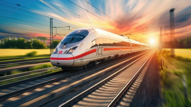A high-speed train travels along railway tracks during sunset. The scene features vibrant colors and a blurred background, emphasizing speed and motion. - Powered by Adobe