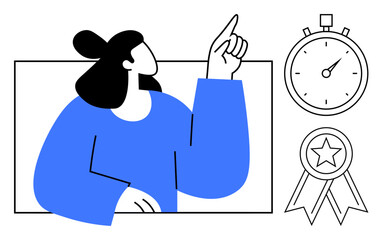 Woman indicating direction with raised finger, stopwatch symbolizing time management, award ribbon for achievement. Ideal for leadership, goals, productivity, motivation, time, success simple flat
