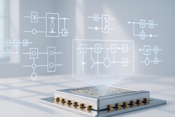 A quantum computer chip sits on a reflective surface. Holographic diagrams of quantum circuits are displayed above it, illustrating advanced technology concepts.