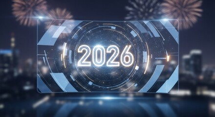 New Year 2026 celebration with glowing number and abstract UI element in a futuristic city setting with fireworks. Modern countdown technology concept for party banner.