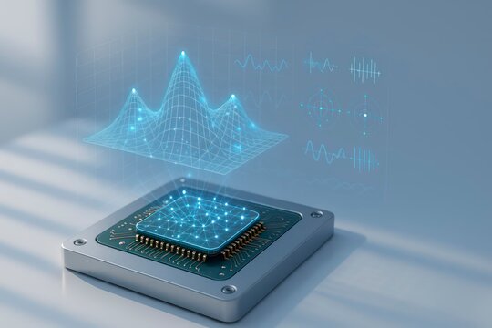 A quantum computing chip with a holographic data visualization above it. The chip is metallic with a grid of circuits, showcasing advanced technology.