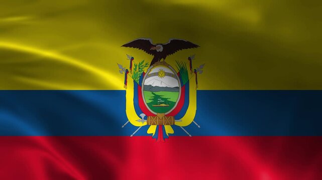 national flag of ecuador with detailed coat of arms and eagle symbol waving fabric texture in realistic style