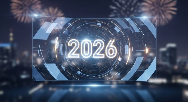 New Year 2026 celebration with glowing number and abstract UI element in a futuristic city setting with fireworks. Modern countdown technology concept for party banner.