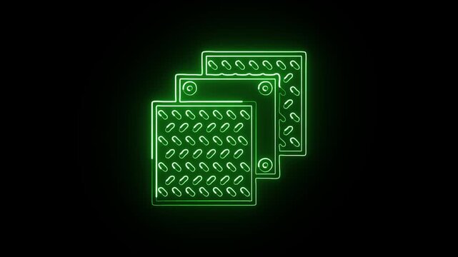 Glowing neon line sheets icon with paper stack animation. Spreadsheet document animation HD video isolated on black background.