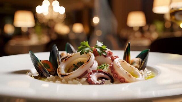 A plate of mouthwatering seafood delicacies, including tender octopus, mussels, and other oceanic treasures, sits atop a crisp white tablecloth, capturing the essence of Italian inspired cuisine.