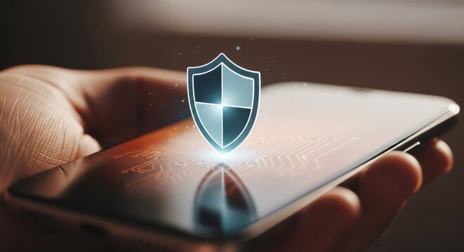 Man holding a smartphone with an illuminated shield icon. Data protection and cybersecurity concept for safe digital communication and personal privacy.