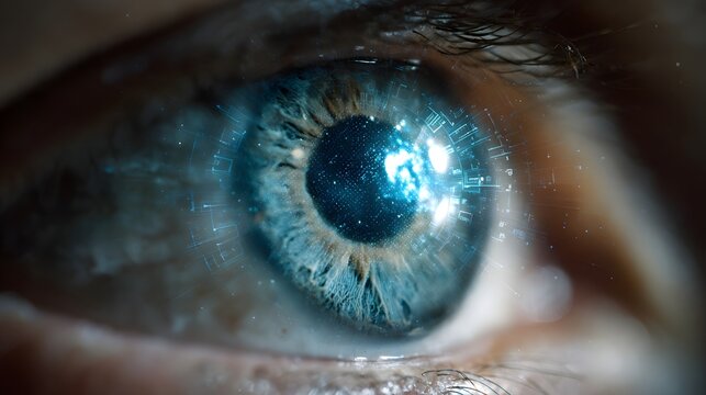 Extreme close up reveals a blue human eye overlaid with glowing digital data streams