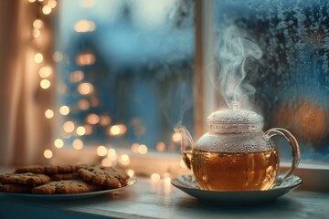 Fototapeta premium Cozy Winter Still Life: Steaming Herbal Tea and Ginger Cookies on Windowsill