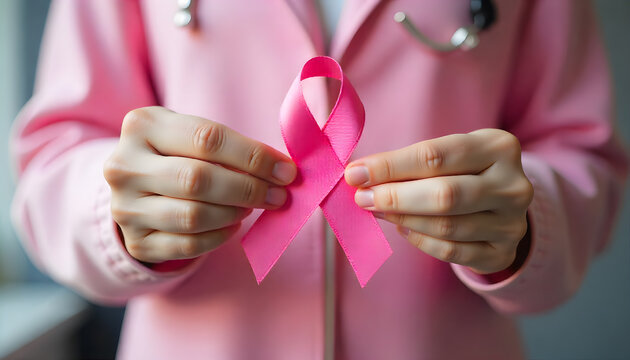 Close-up of a woman holding a pink ribbon symbolizing breast cancer awareness and support. Concept of health care, prevention, hope, and solidarity. The person wears a pink shirt, emphasizing dress