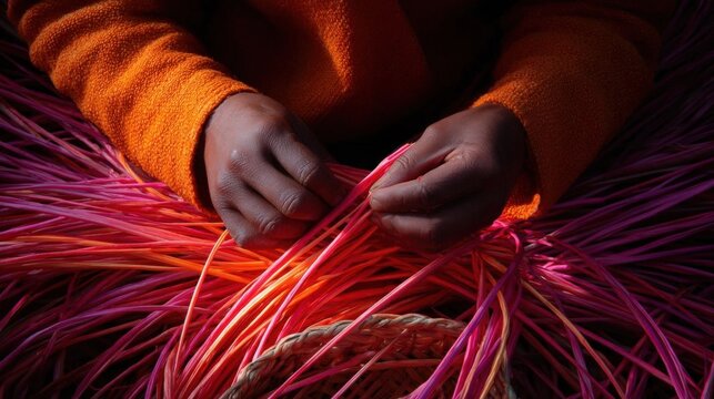 Pair of hands holding a woven basket. the hands are wearing an orange sweater and the basket is made of woven straw.