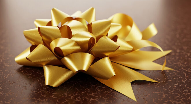 Close-up of golden ribbon bow on brown surface, representing gift, celebration or present, perfect for festive, holiday and congratulatory concept