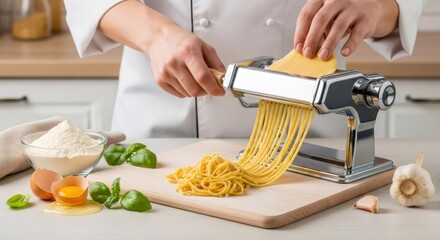 Woman chef making fresh spaghetti with pasta machine. Kitchen preparation process with raw ingredients for homemade Italian food. Healthy lifestyle cooking.