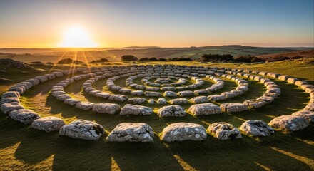 Golden Sunrise Over a Mystical Spiral Stone Formation in a Field.