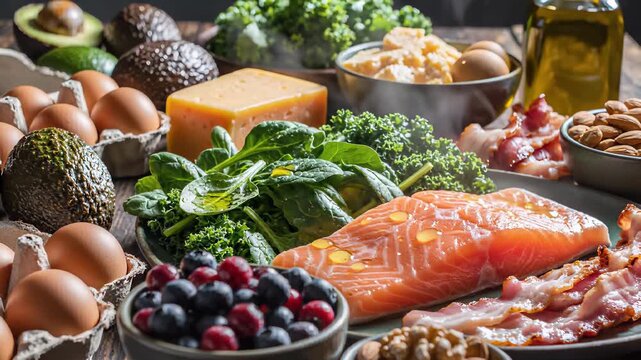 Keto friendly food assortment sizzling in a skillet on a rustic table, capturing the concept of balanced diet and healthy eating for wellness related content or cooking show backgrounds.