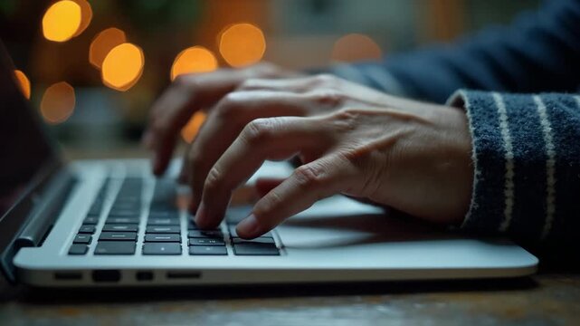 A low-angle, close-up shot of a man's hands with wrinkled skin typing on a laptop keyboard, with a blurred background and bokeh lights, suggesting experience or intense focus.