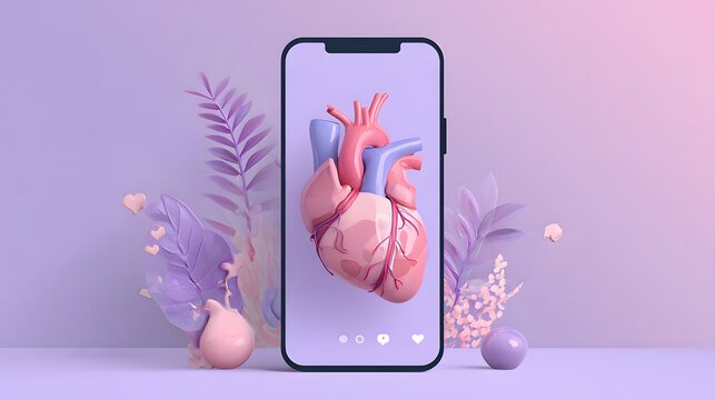 Three dimensional anatomical heart visualization displayed prominently on a modern smartphone screen surrounded by soft decorative elements