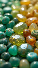 Artistic mosaic of semi-precious stones in turquoise, yellow green and gold tones, bright clean overhead composition