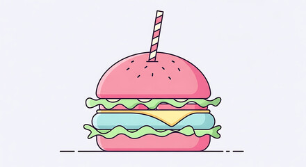 Whimsical Pink Burger with Straw Illustration for Food and Beverage Concepts