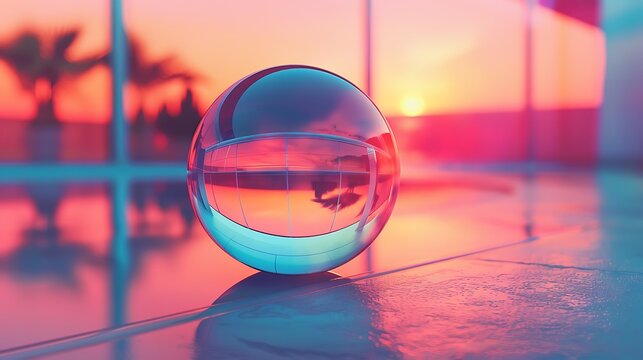 A crystal sphere reflecting a vibrant sunset scene with palm trees outside glass