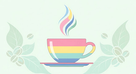 Vibrant and Inclusive Beverage Moment with a Stylized Rainbow-Colored Cup and Aromatic Steam, Set Against a Subtle Botanical Background