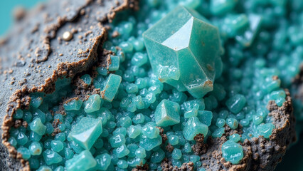 3D macro of mineral honeycomb structure in turquoise and gold, geometric crystal design, luxurious macro pattern