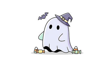 Spooky Halloween Ghost Ready for Trick-or-Treat with a Witch Hat and Candy