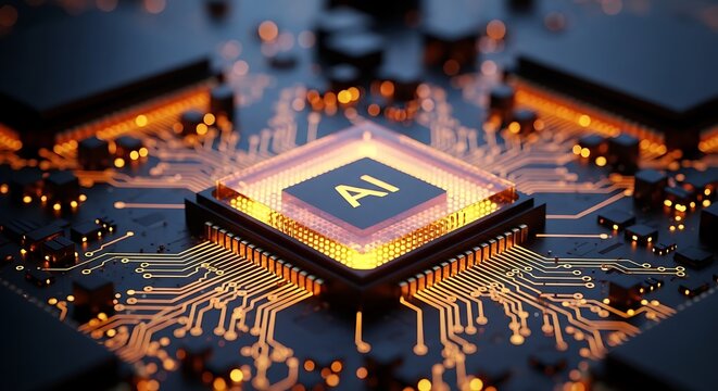AI Chip on Circuit Board with Glowing Orange Lights and Connections artificial intelligence - Powered by Adobe