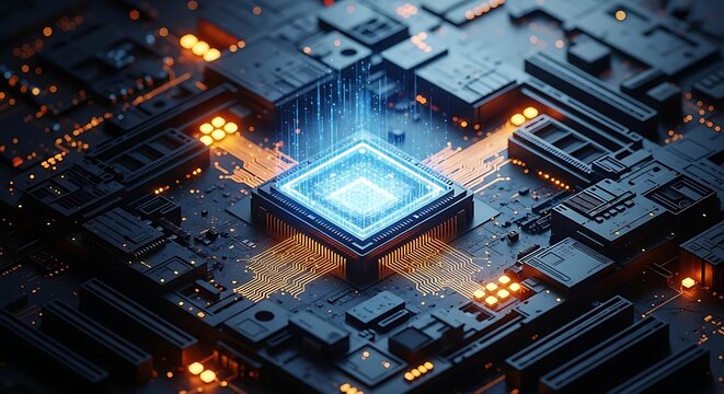 Glowing Blue CPU Chip on a Circuit Board with Orange Lights processor computer