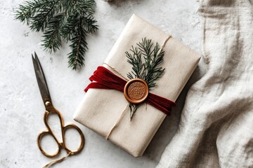 Photorealistic Flat Lay of Kraft-Wrapped Parcel with Wax Seal and Red Velvet Ribbon