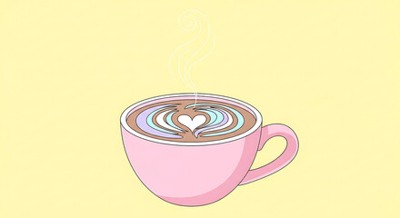 Illustration of a Pink Coffee Mug with Heart Latte Art on a Yellow Background