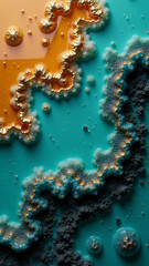 Luxury abstract mineral mix with turquoise red and gold tones, glossy depth, smooth flowing pattern, elegant fine art style