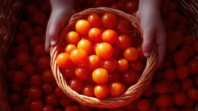 Pair of hands holding a basket full of small, round, orange tomatoes. the basket is made of woven straw and is placed on top of a pile of more red tomatoes, which are scattered around the basket.