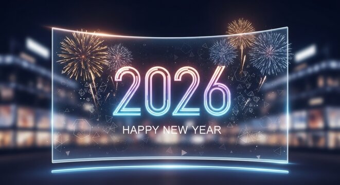 Virtual display showing happy New Year 2026 with fireworks and geometric shapes. Future holiday greeting card or backdrop concept.