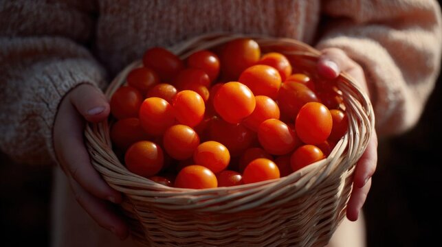 Person holding a basket full of small, round, orange tomatoes. the basket is made of woven straw and is held in the person's hands. - Powered by Adobe