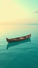 Wooden boat floating on turquoise sea at sunset, golden light reflection, peaceful minimal seascape