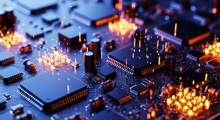 Close-up of a complex electronic circuit board with glowing components electronics
