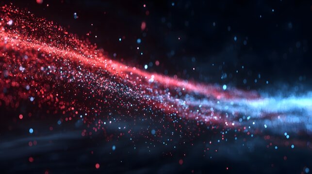 Dynamic flow of glowing red and blue particles streams across a dark background