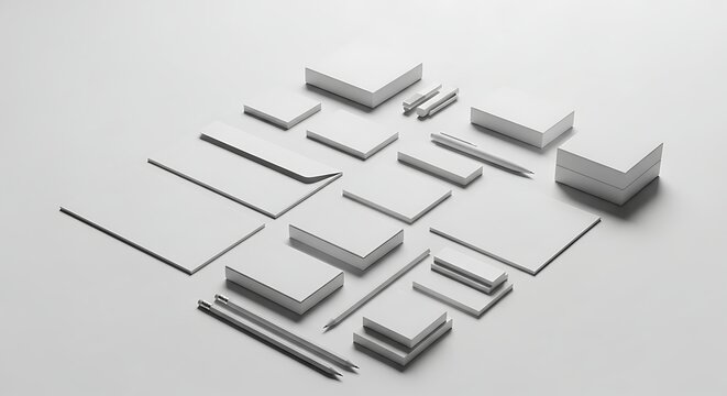 Blank stationery set and writing tools arranged on a white surface paper envelope