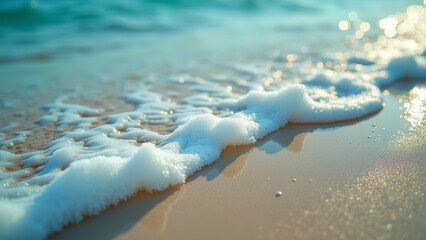 Close up of ocean foam with turquoise and warm sand tones, detailed natural marine texture